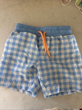 Light Blue Gingham Swim Shorts with Orange Drawstring